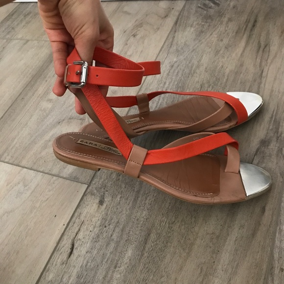 Zara flat sandals- orange/tan- silver tip- size 37 - Picture 2 of 7